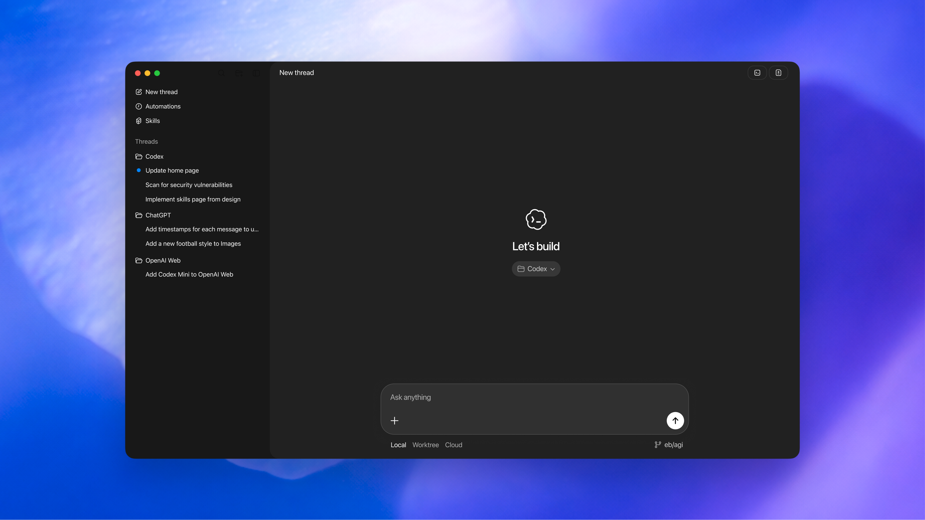 Codexアプリのメイン画面